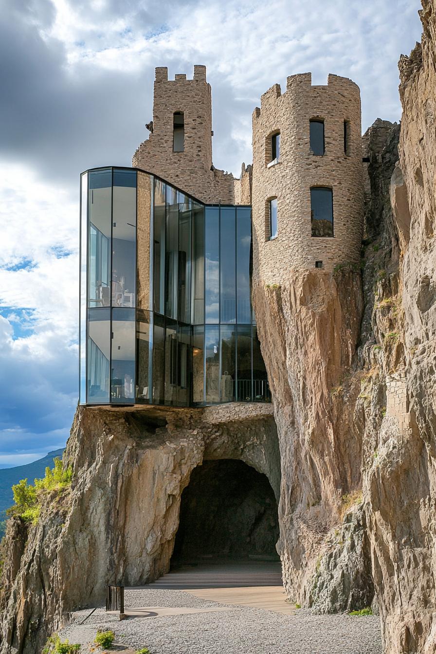 modern architecture cliff castle with large glass windows and towers 2