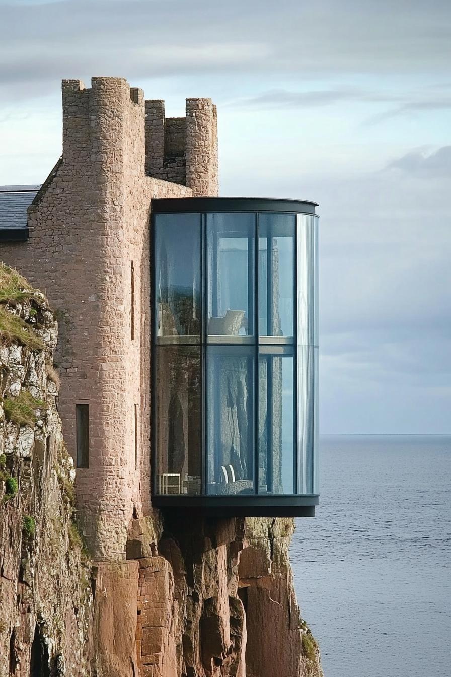 modern architecture cliff castle with large glass windows and towers 3