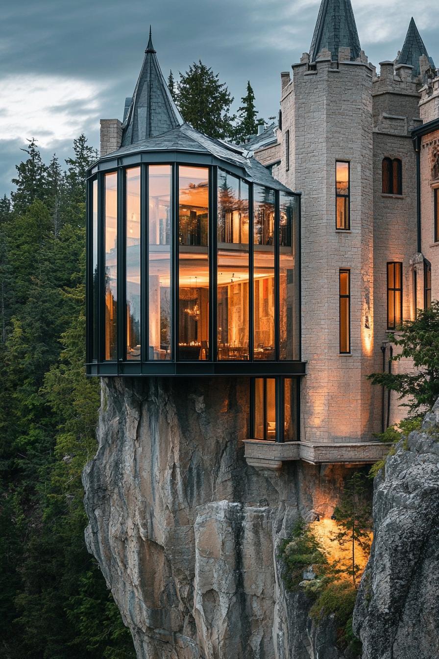 modern architecture cliff castle with large glass windows and towers