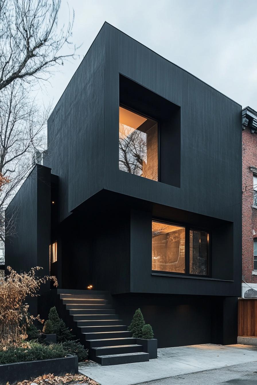 modern assymetrical black house facade with darkened glass windows and LED lighting 1