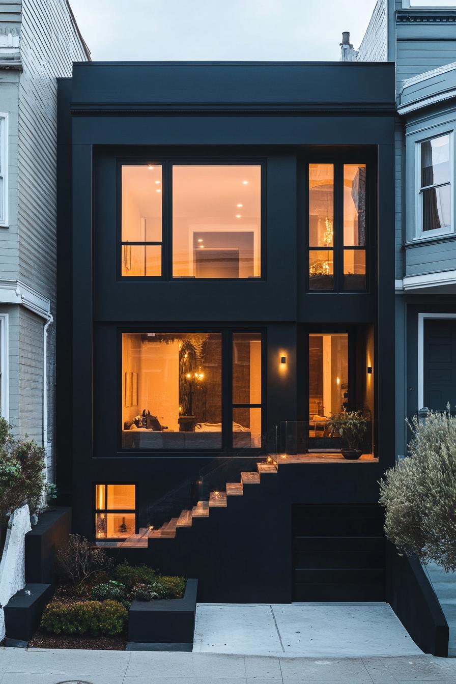 modern assymetrical black house facade with darkened glass windows and LED lighting 2