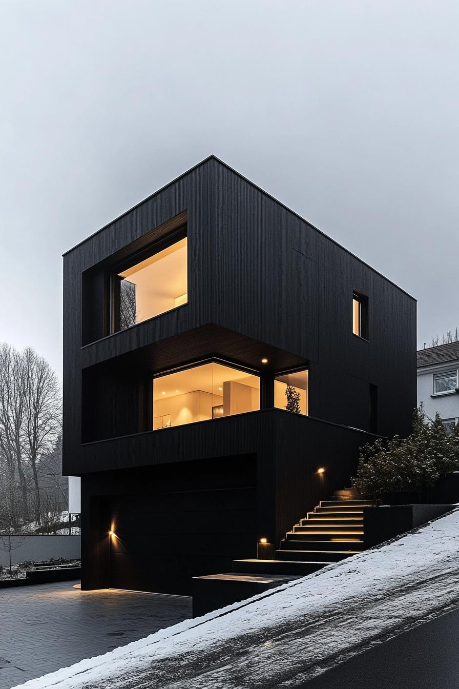 modern assymetrical black house facade with darkened glass windows and LED lighting 3