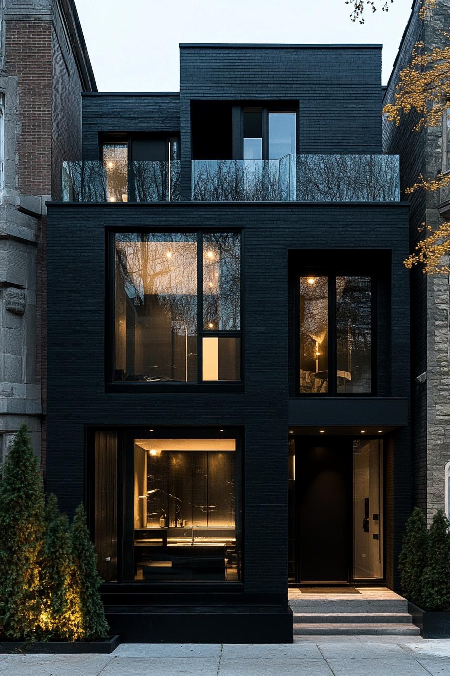 modern assymetrical black house facade with darkened glass windows and LED lighting