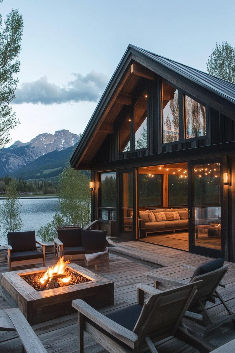 modern barn style lakeside house porch with firepit lounge stunning mountain lake views 1