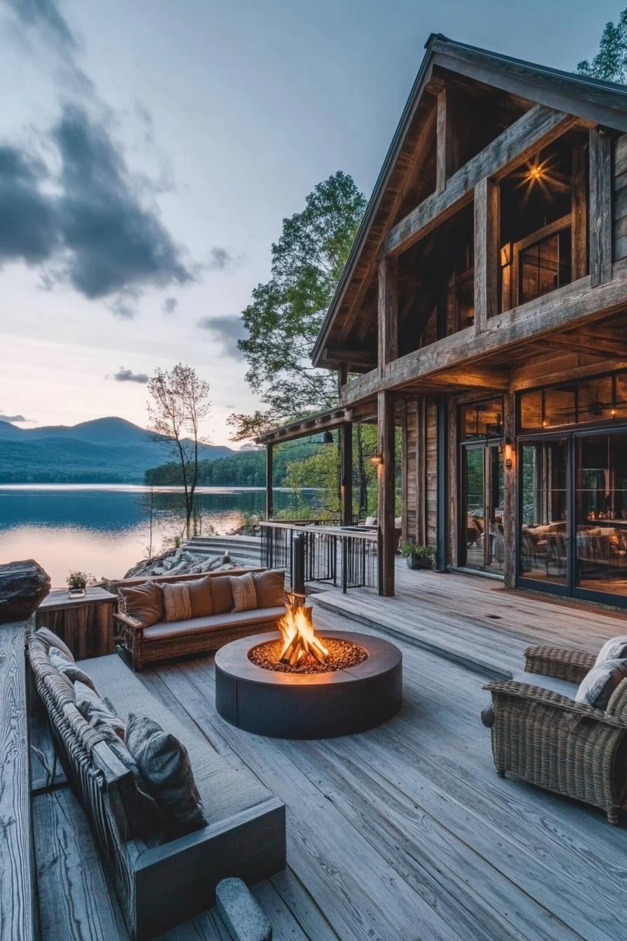 modern barn style lakeside house porch with firepit lounge stunning mountain lake views 2