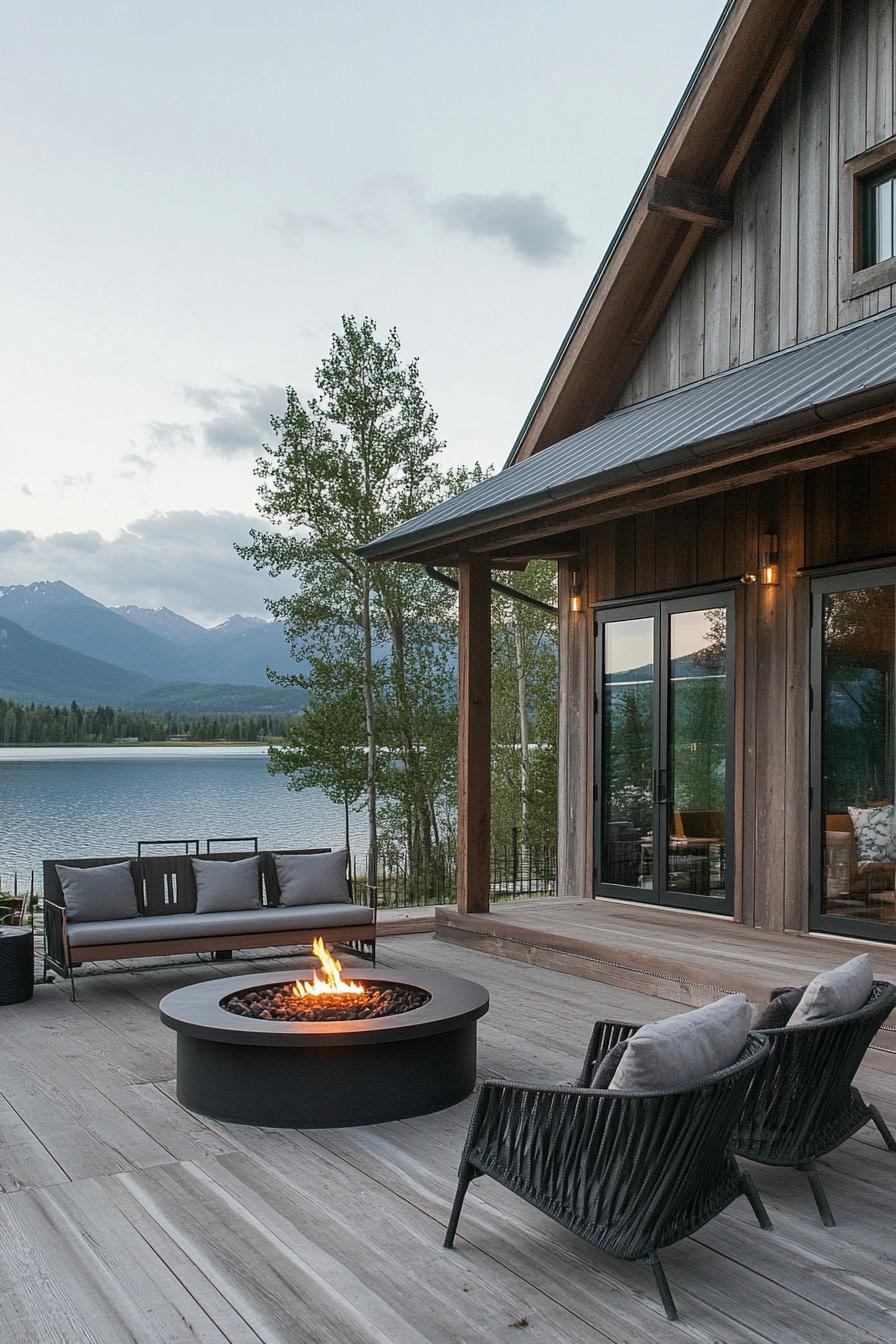 modern barn style lakeside house porch with firepit lounge stunning mountain lake views 3