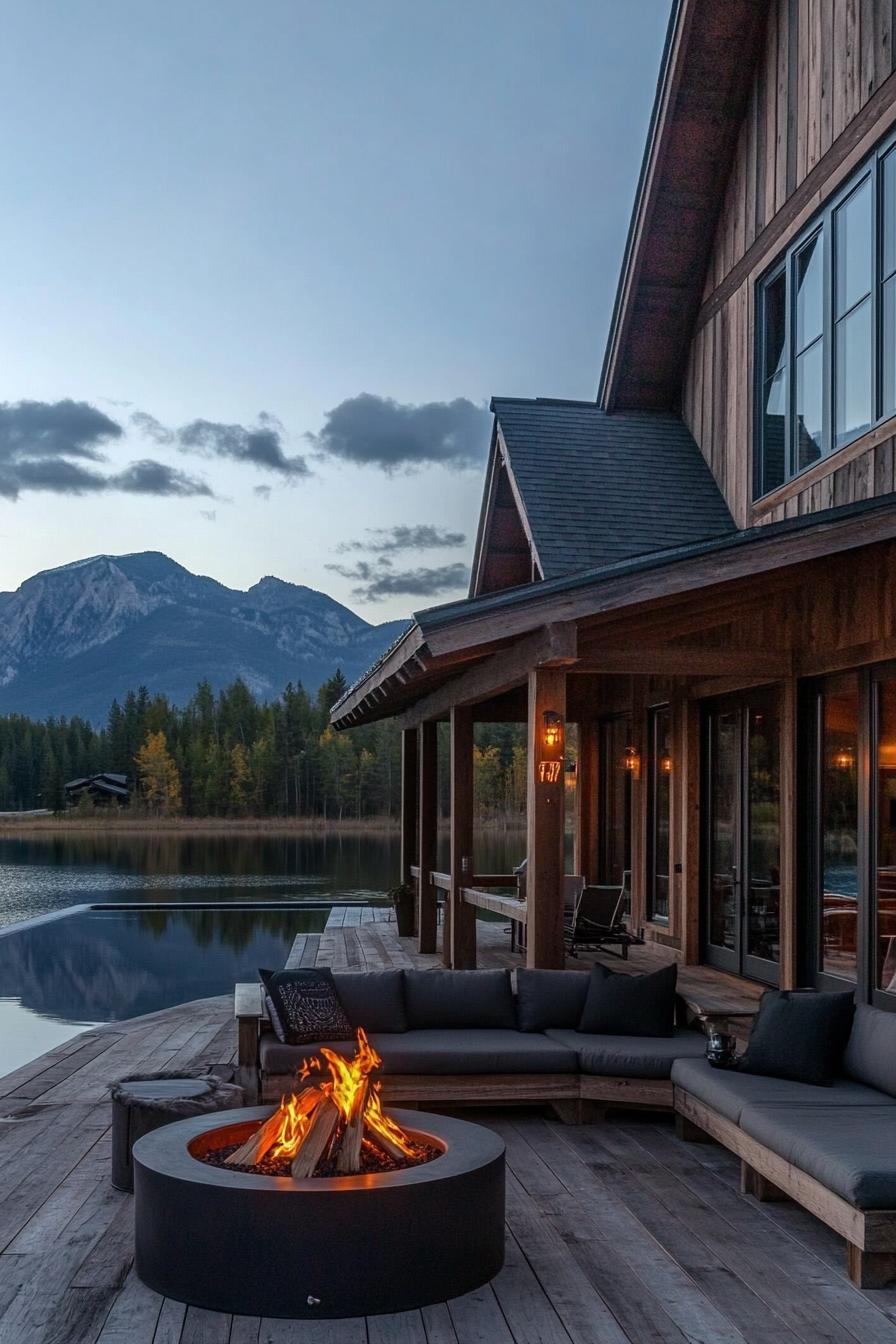 modern barn style lakeside house porch with firepit lounge stunning mountain lake views