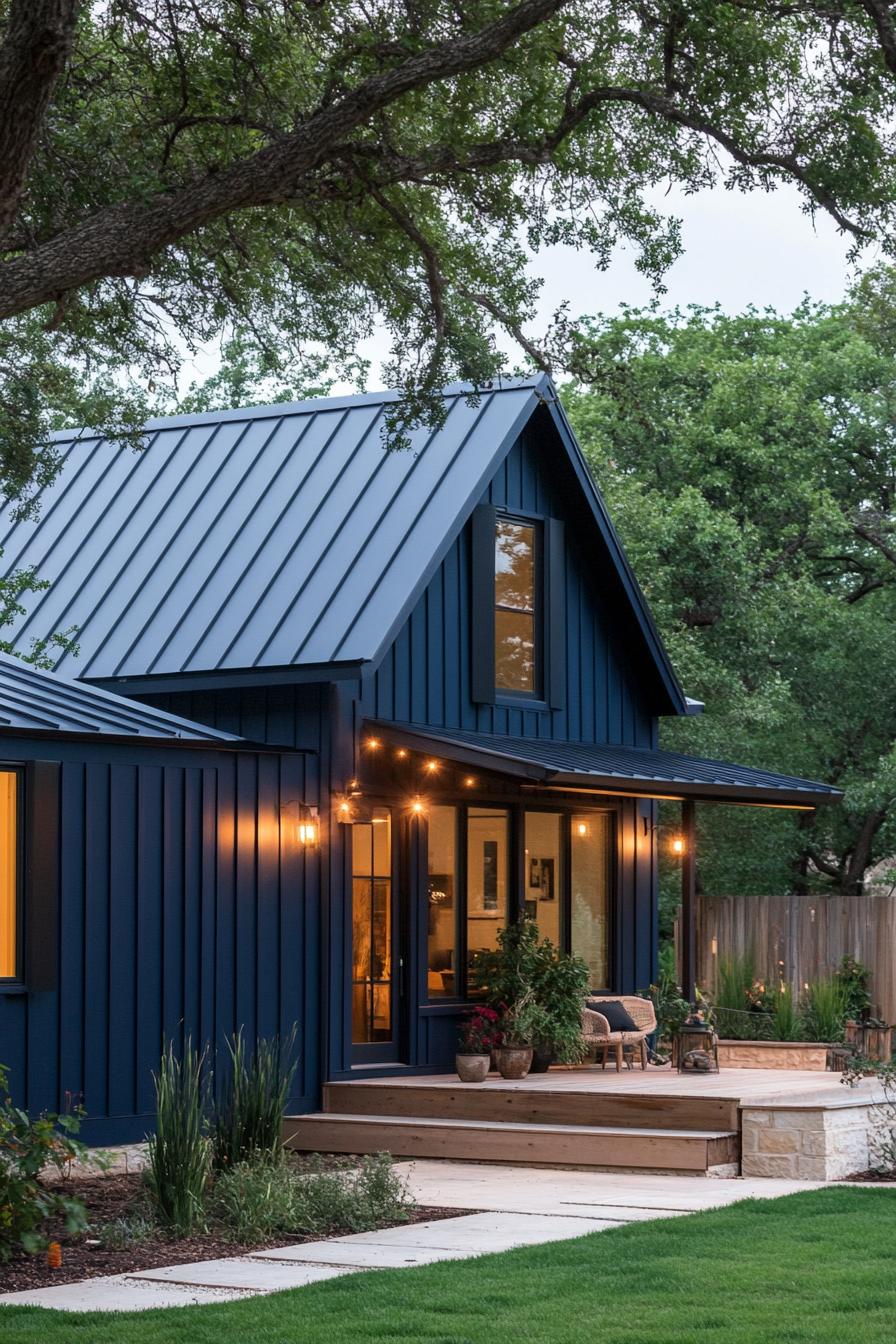 modern barndominium house midnight blue facade with black corrugated metal roof 1