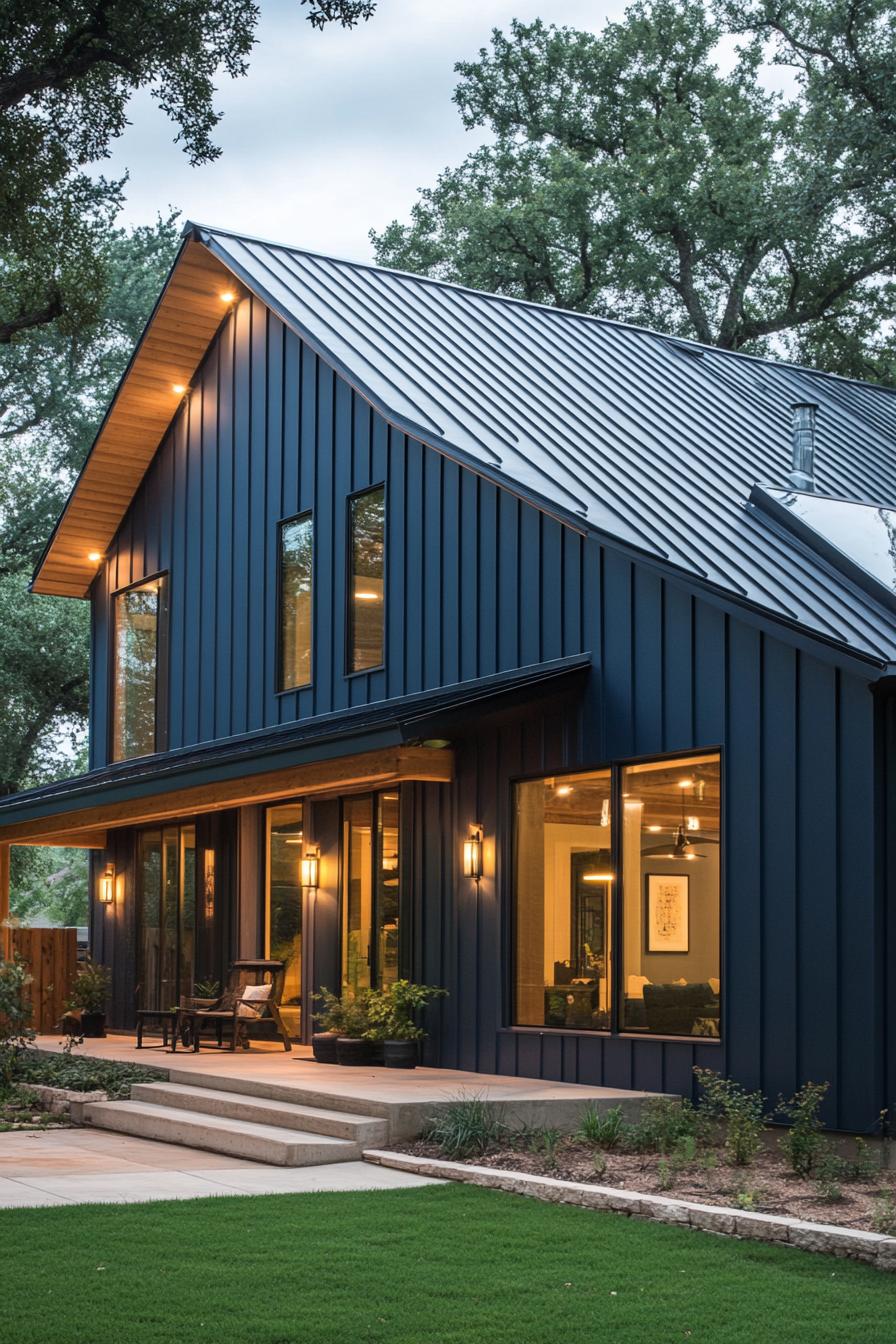 modern barndominium house midnight blue facade with black corrugated metal roof 2