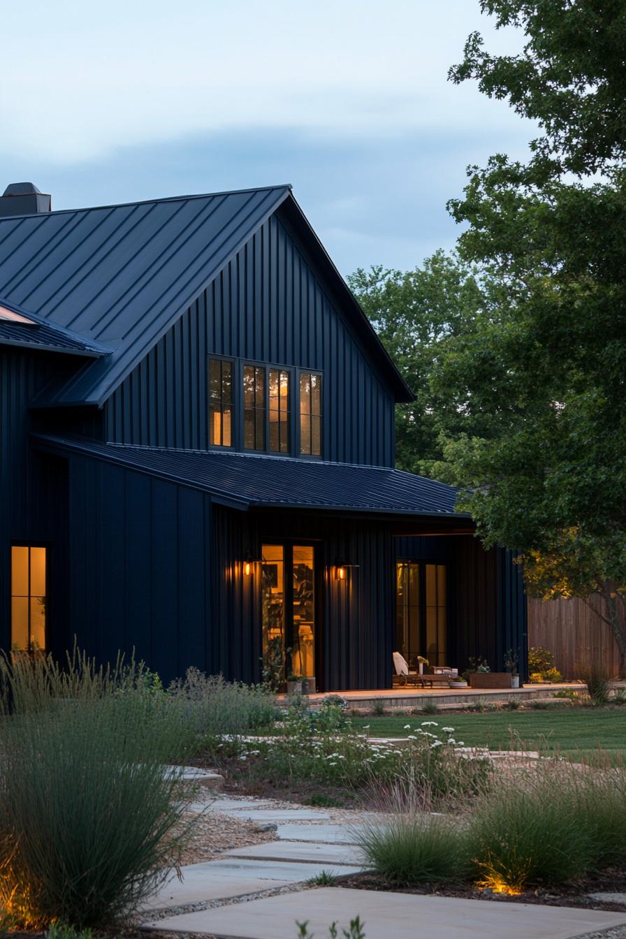 modern barndominium house midnight blue facade with black corrugated metal roof 3