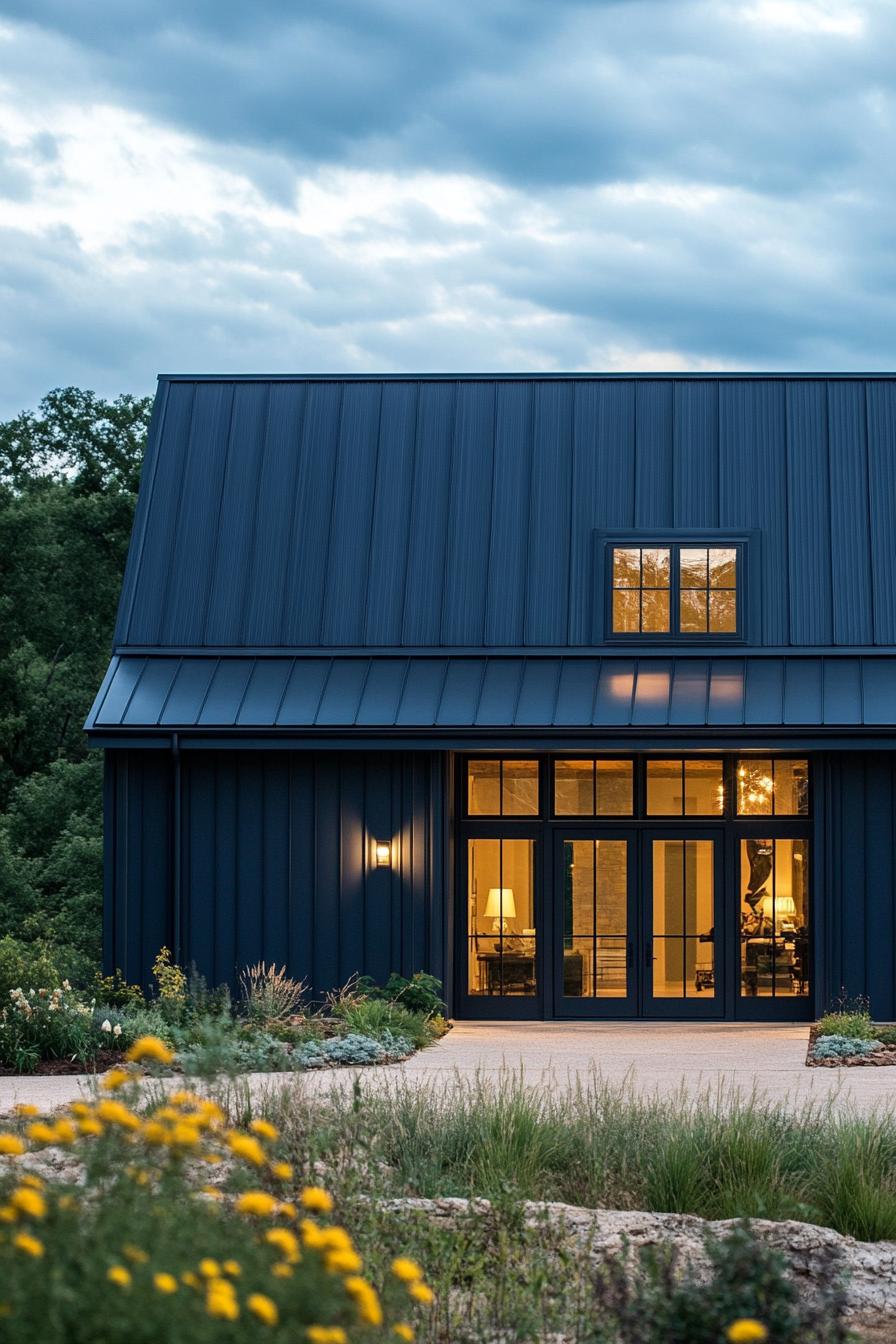 modern barndominium house midnight blue facade with black corrugated metal roof