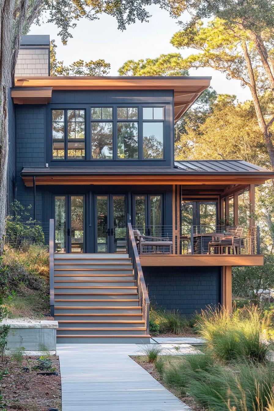 modern beach house with painted cedar shiplap exterior in coastal colors 1