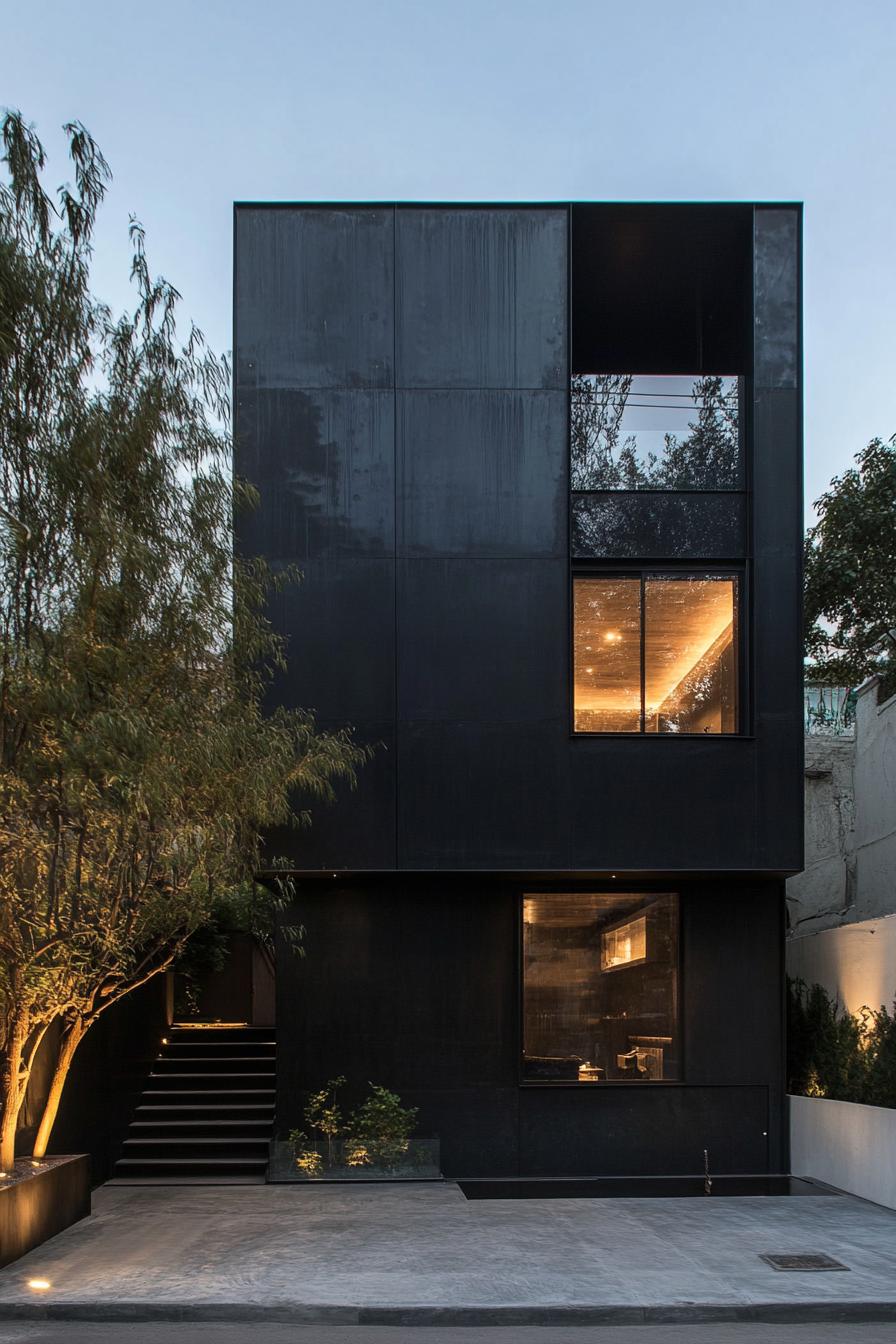 modern bunker house with black metal facade