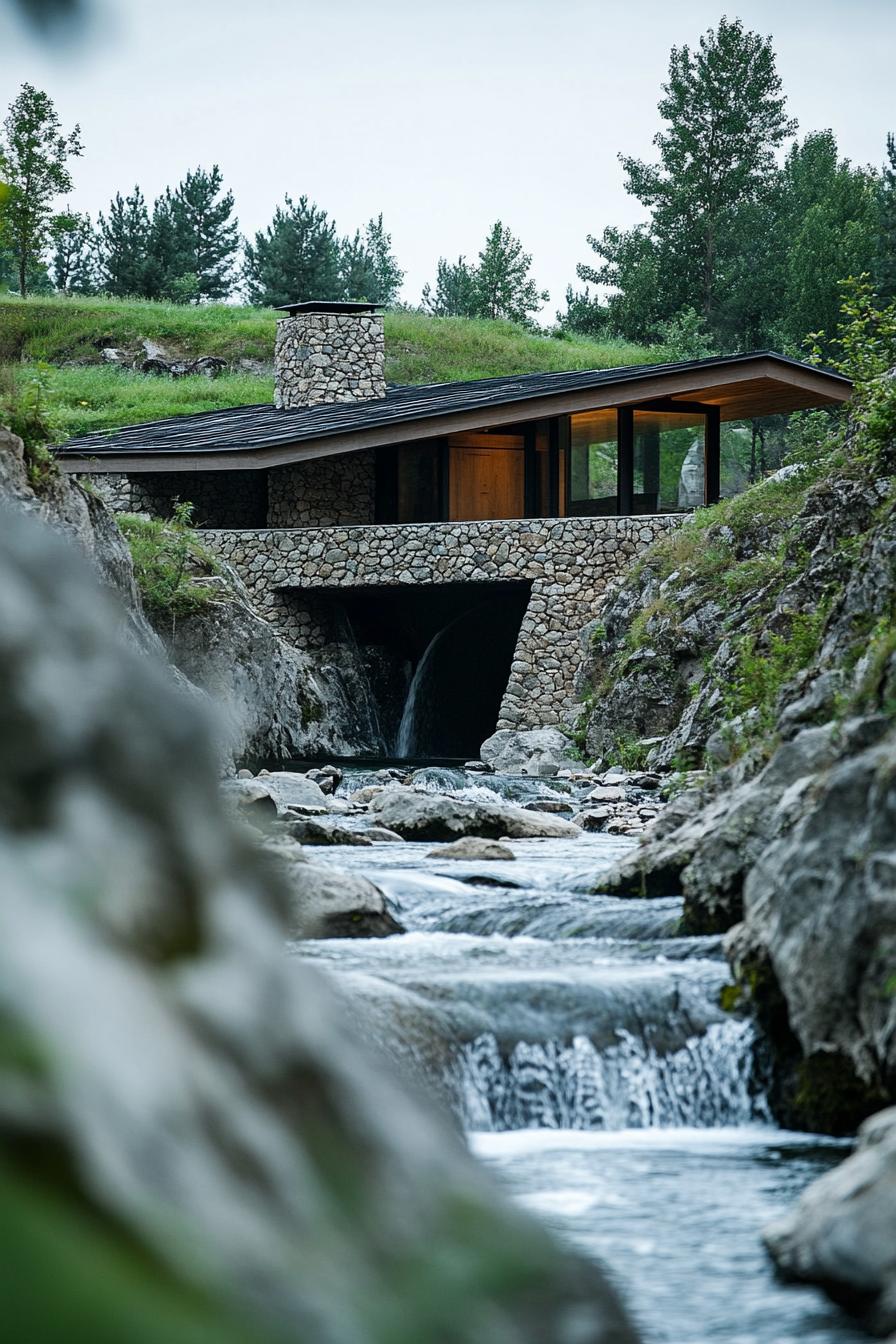 modern earth sheltered house built into a hill by a rocky river with waterfall 1