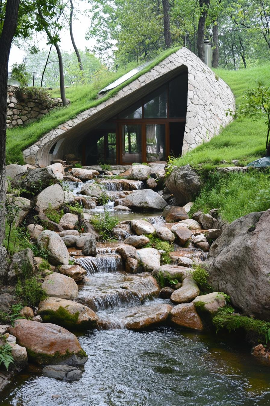 modern earth sheltered house built into a hill by a rocky river with waterfall 2