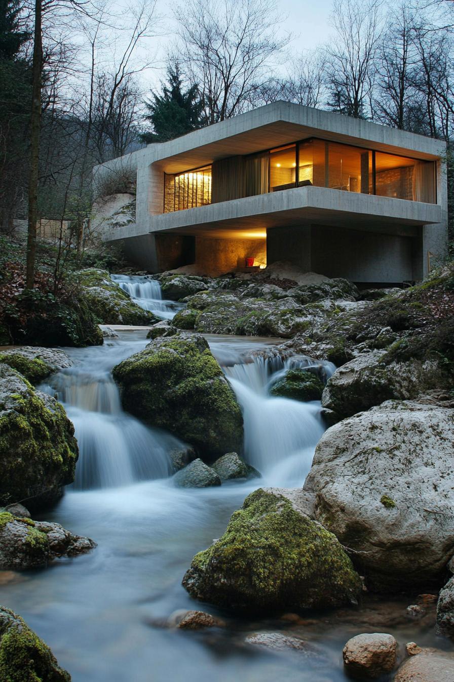 modern earth sheltered house built into a hill by a rocky river with waterfall 3