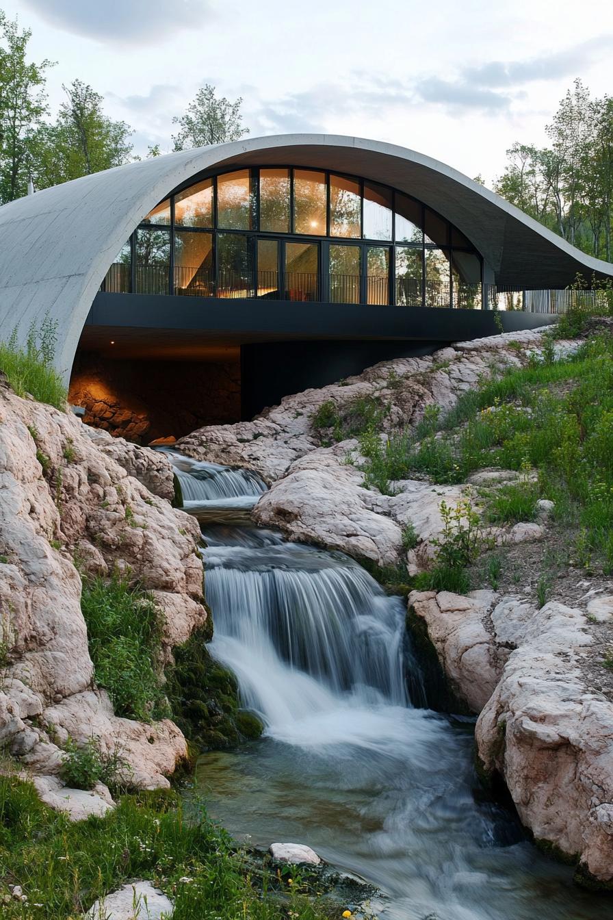 modern earth sheltered house built into a hill by a rocky river with waterfall