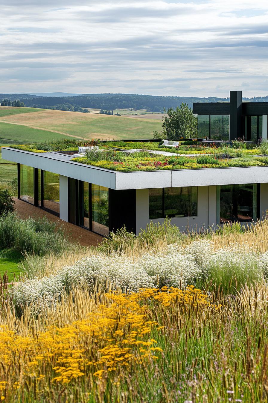 modern farmhouse with green garden roof stunning wheat field landscape 1