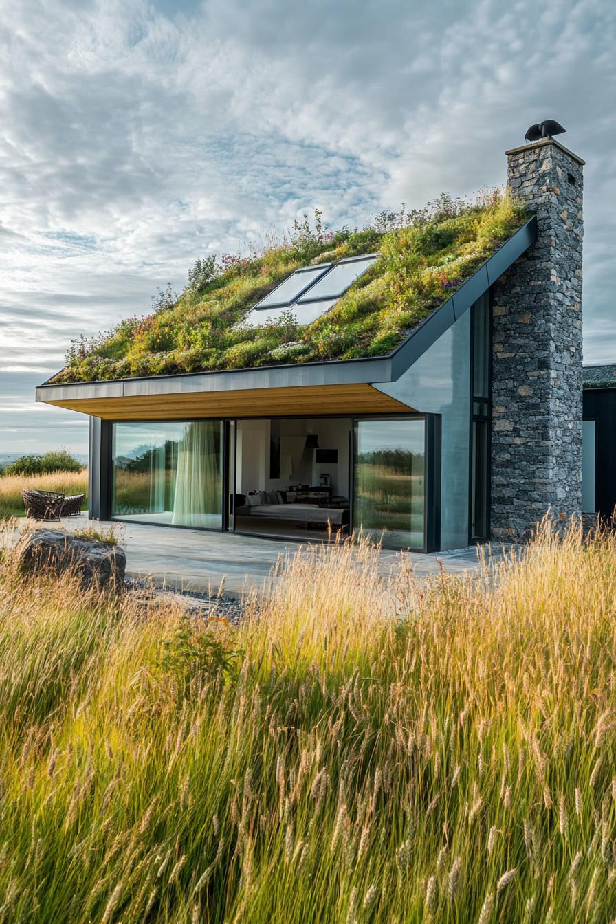 modern farmhouse with green garden roof stunning wheat field landscape 2