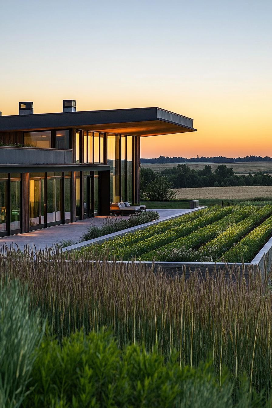 modern farmhouse with green garden roof stunning wheat field landscape