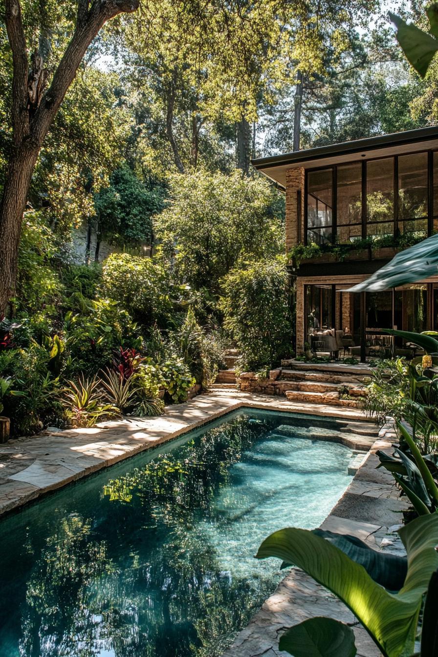 modern forest mansion pool in a lush garden