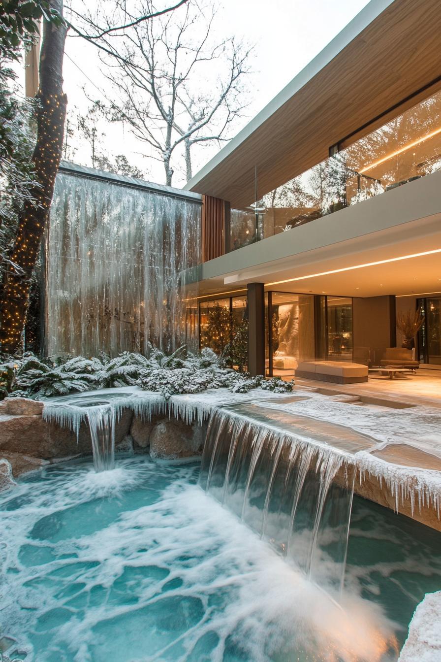 modern frosted winter villa with indoor atrium waterfall feature 1