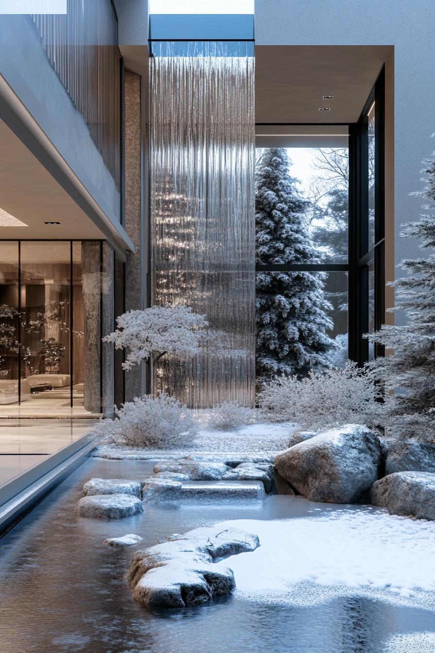 modern frosted winter villa with indoor atrium waterfall feature 2