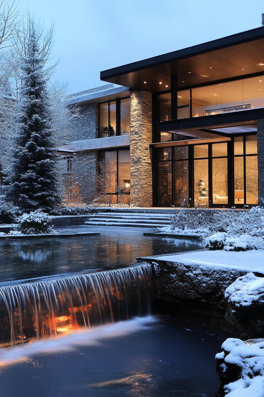 modern frosted winter villa with indoor atrium waterfall feature