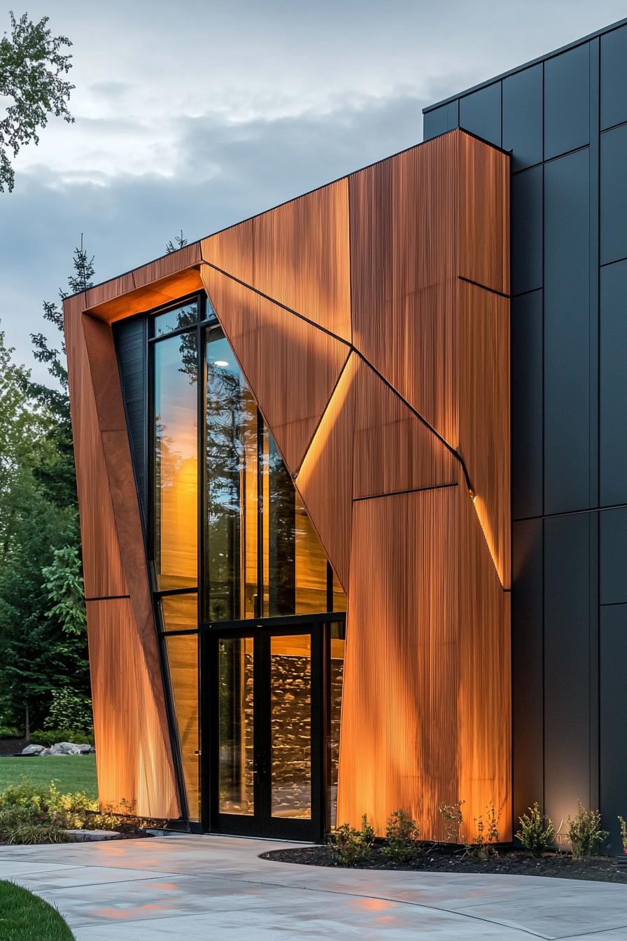 modern house facade geometric wooden cutouts