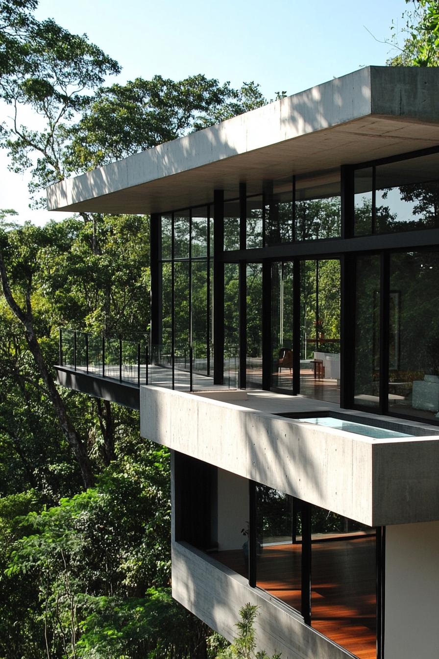 modern house on a slope with minimalist geometric facade and large windows forest views 1