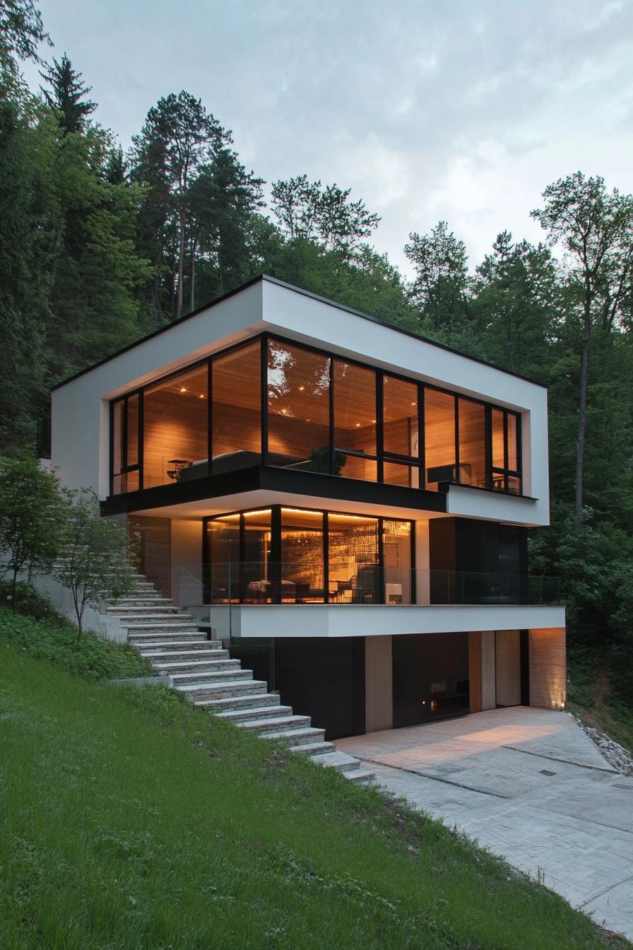 modern house on a slope with minimalist geometric facade and large windows forest views