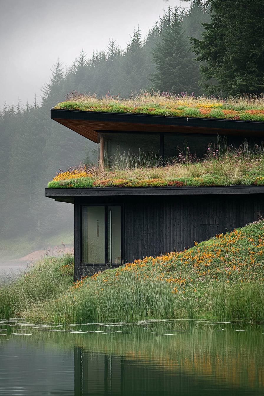 modern house with green roof with wildflowers on a hill overlooking a green lake 1