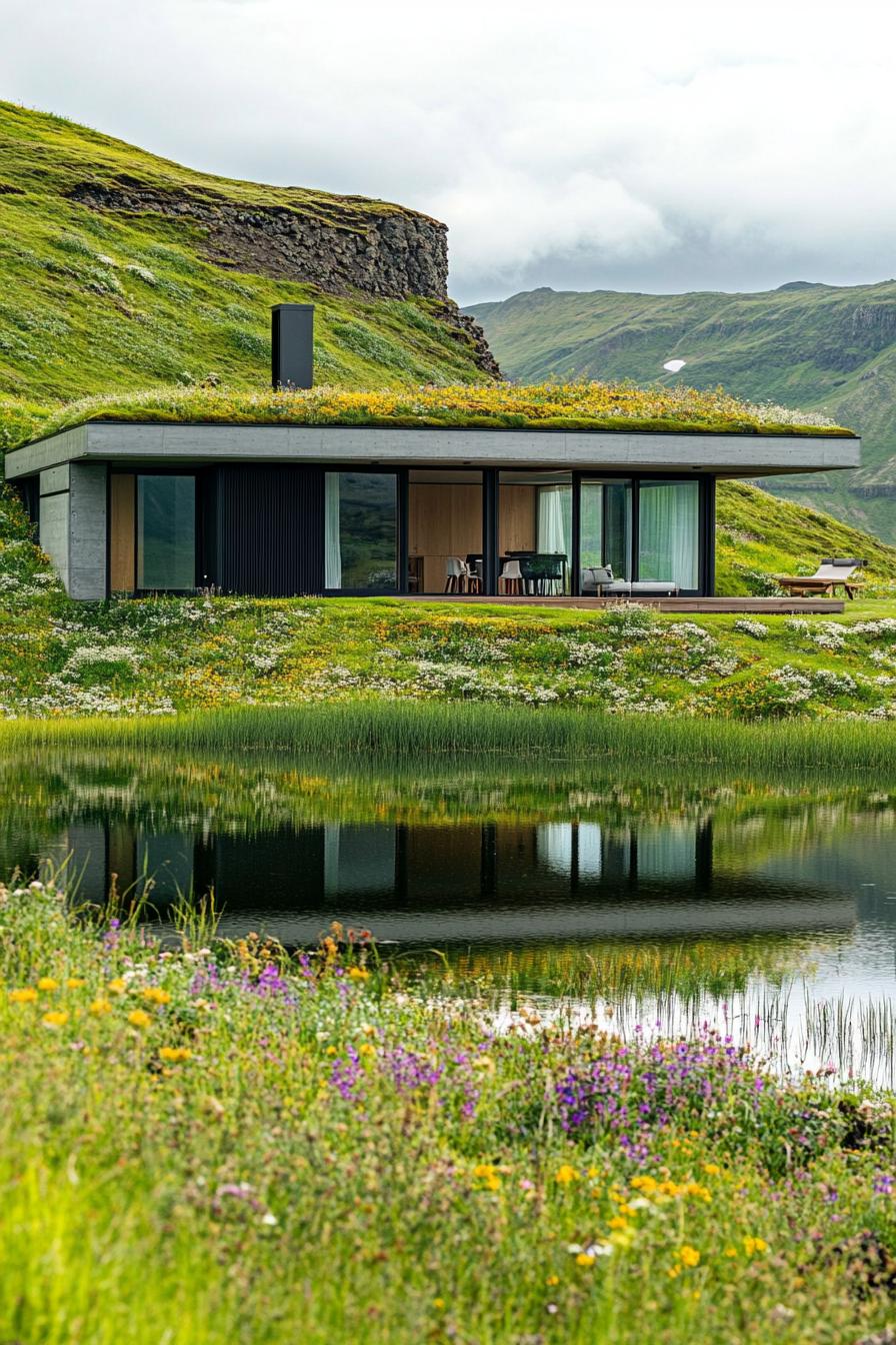 modern house with green roof with wildflowers on a hill overlooking a green lake 2