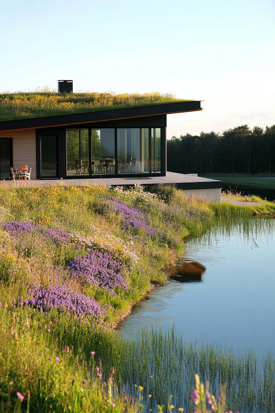 modern house with green roof with wildflowers on a hill overlooking a green lake 3