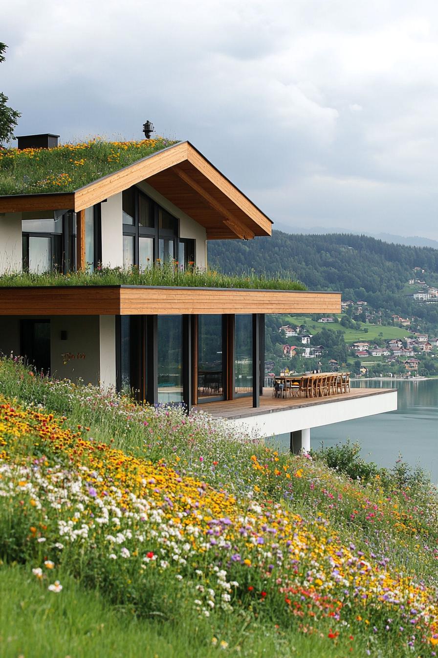 modern house with green roof with wildflowers on a hill overlooking a green lake