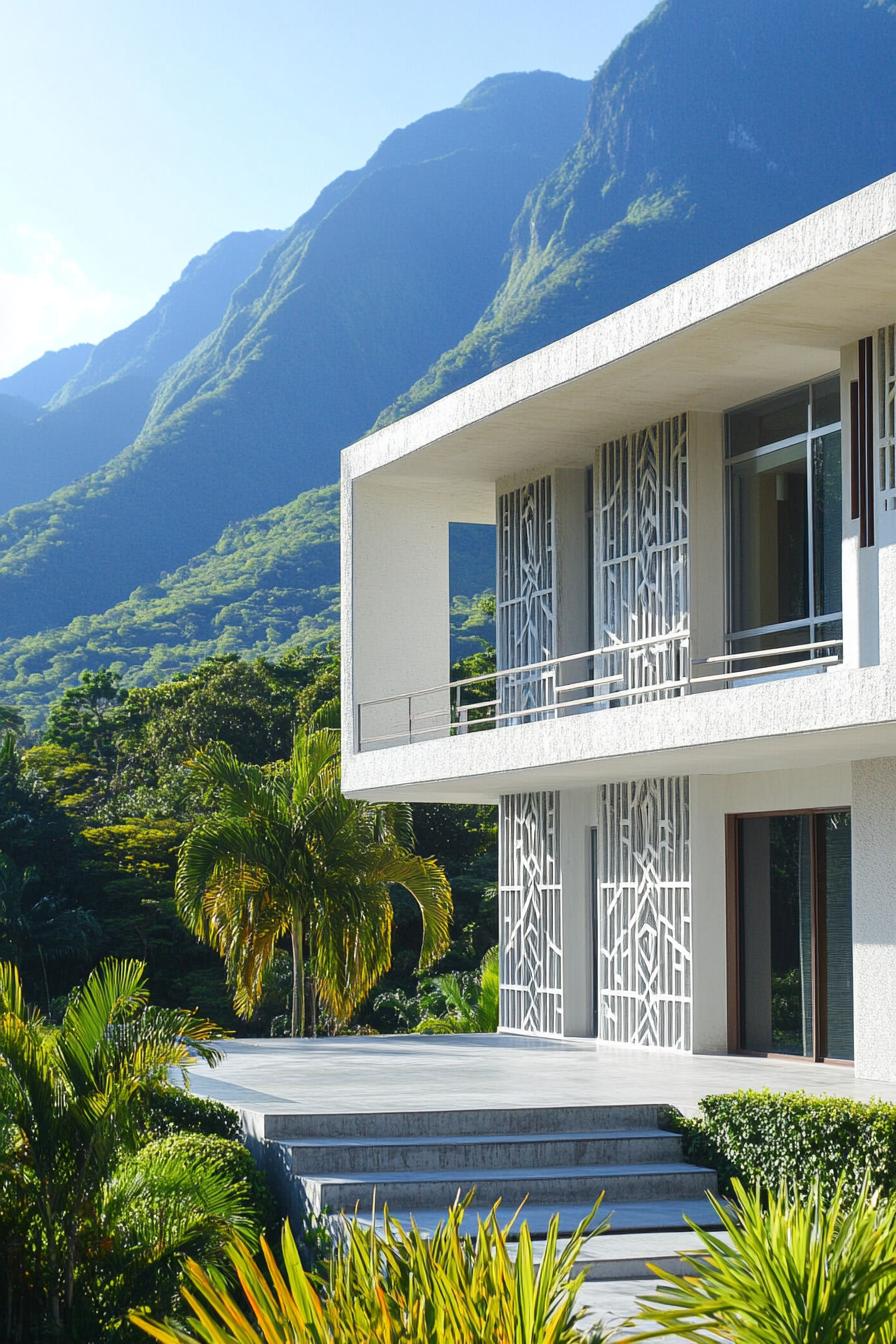 modern house with high relief art deco precast concrete facade tropical mountains in the background 1