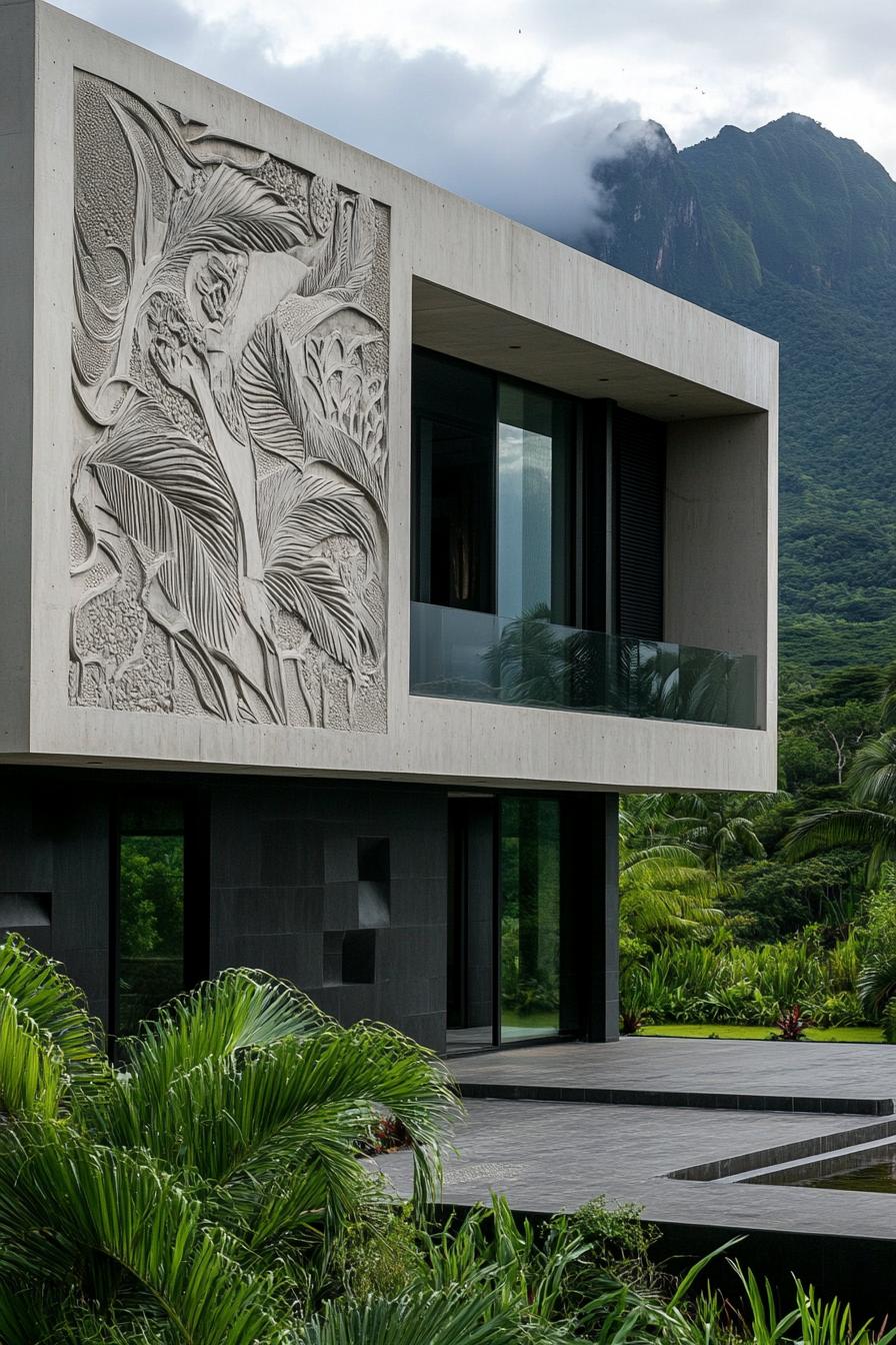 modern house with high relief art deco precast concrete facade tropical mountains in the background 2