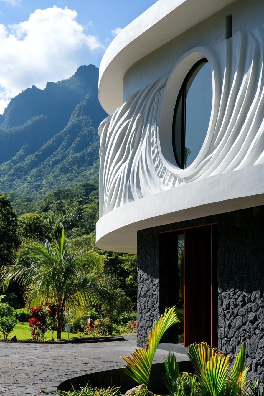 modern house with high relief art deco precast concrete facade tropical mountains in the background 3