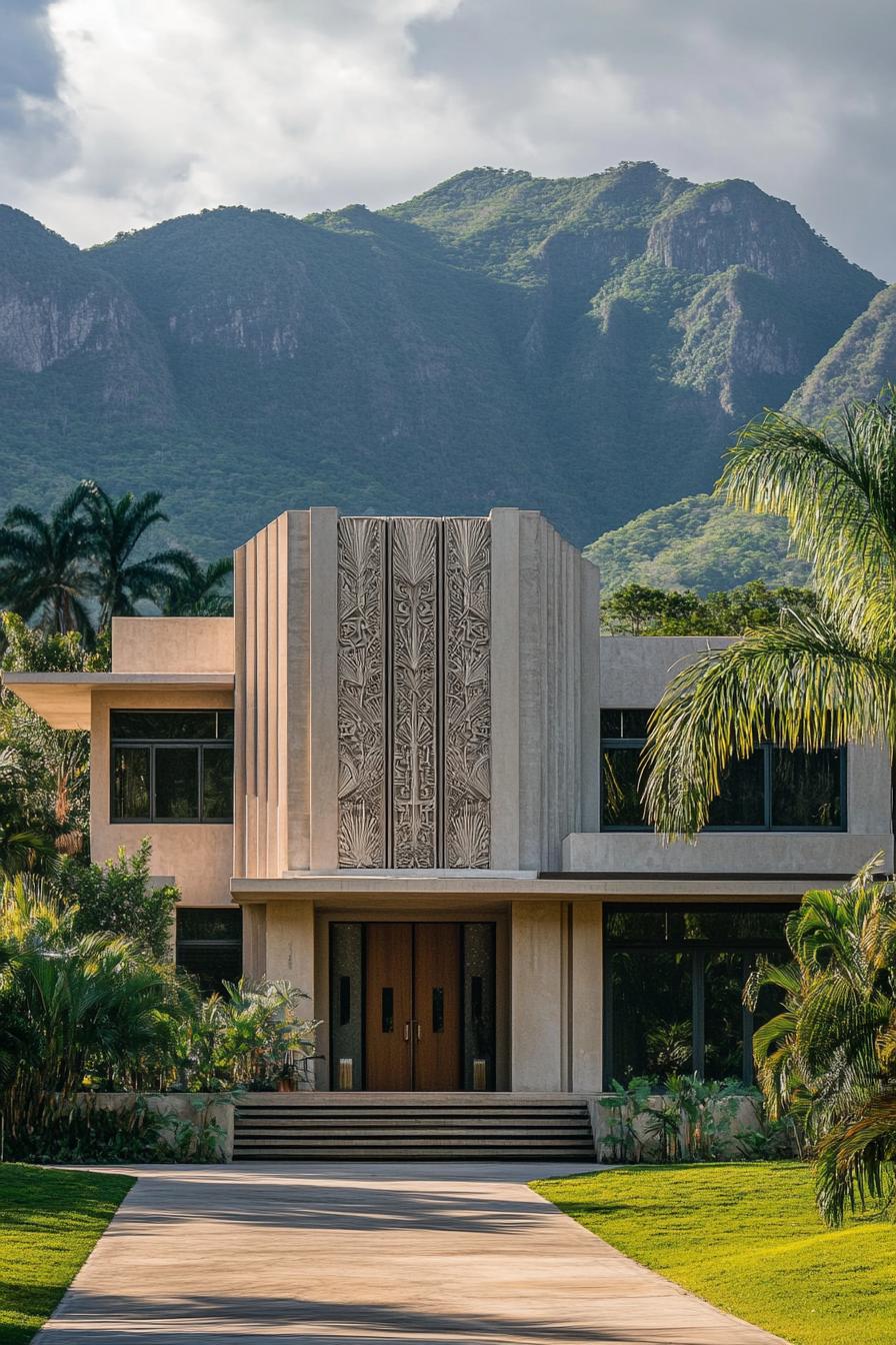 modern house with high relief art deco precast concrete facade tropical mountains in the background