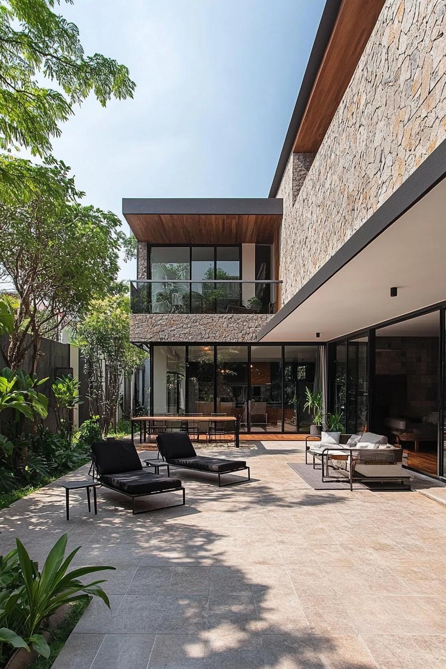 modern industrial house courtyard with minimalist outdoor furniture