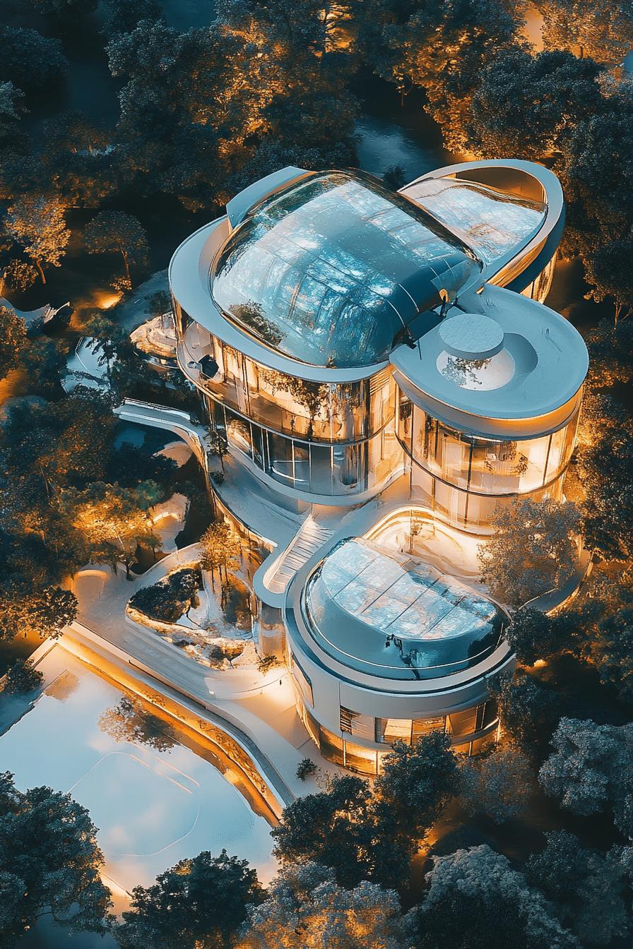 modern luxury futuristic giant mansion complex with hologram walls view from near above 1