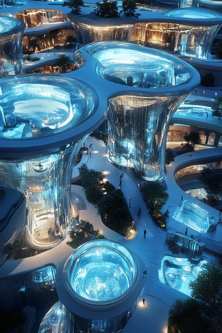 modern luxury futuristic giant mansion complex with hologram walls view from near above 2