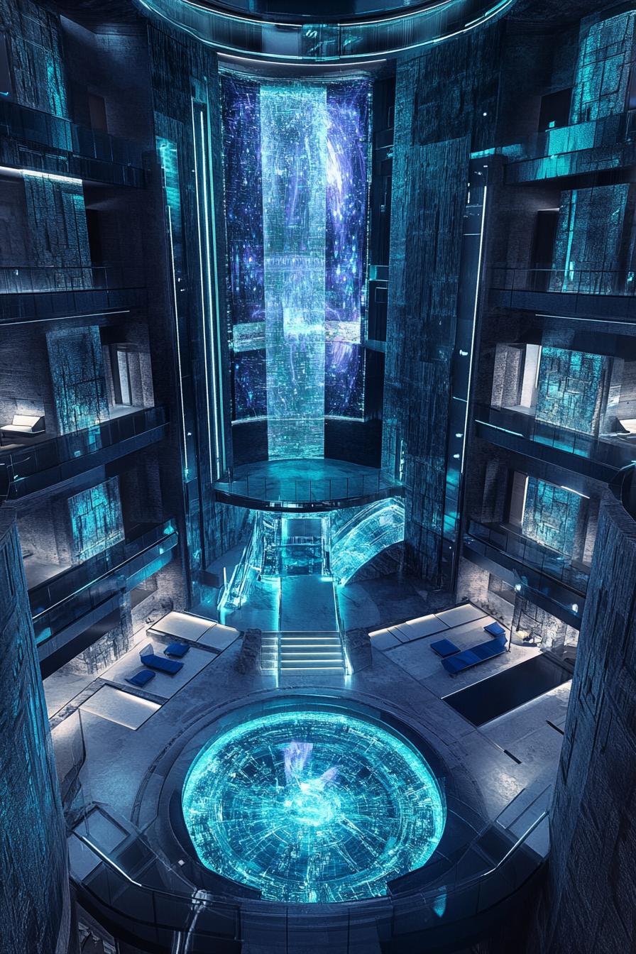 modern luxury futuristic giant mansion complex with hologram walls view from near above 3