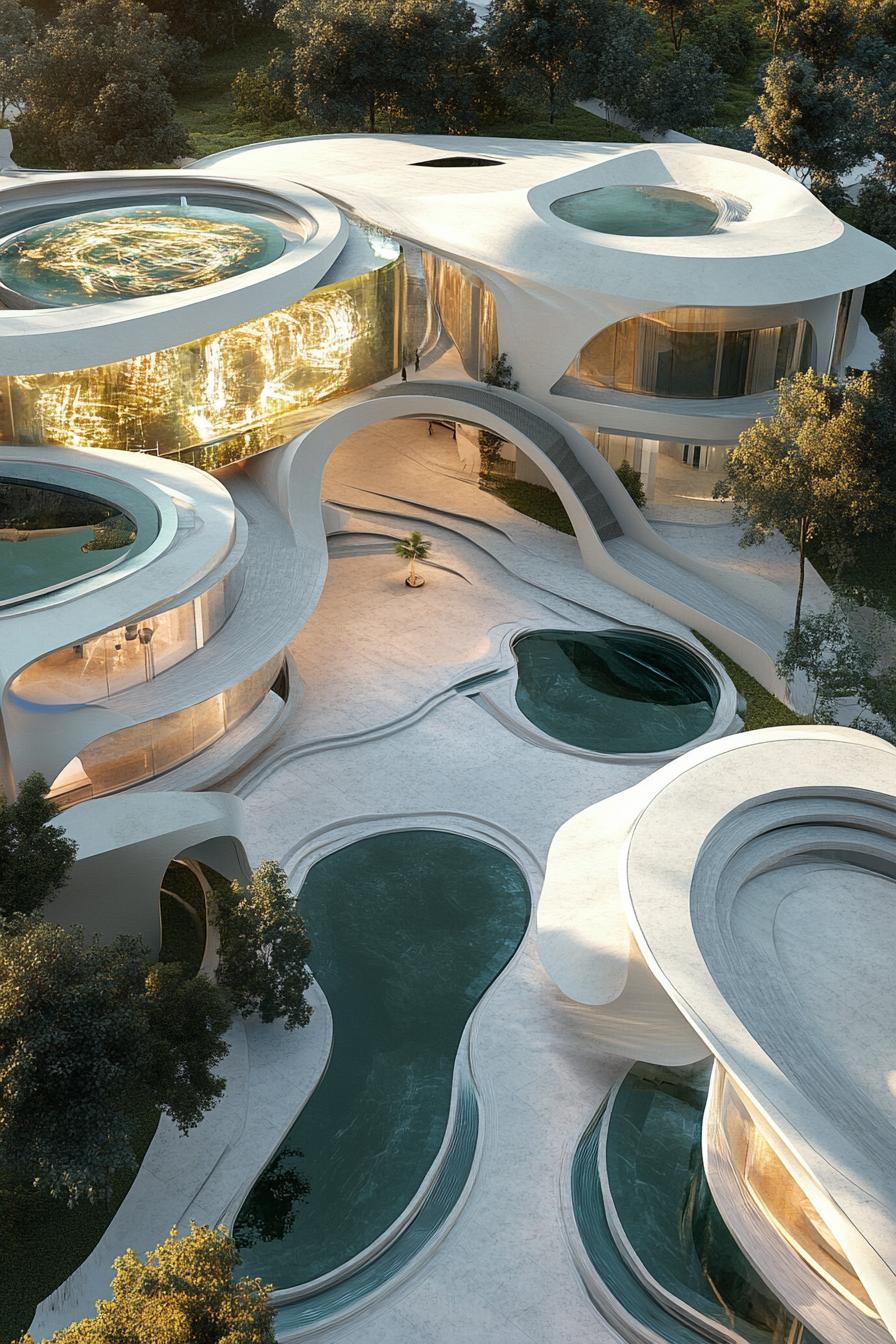 modern luxury futuristic giant mansion complex with hologram walls view from near above