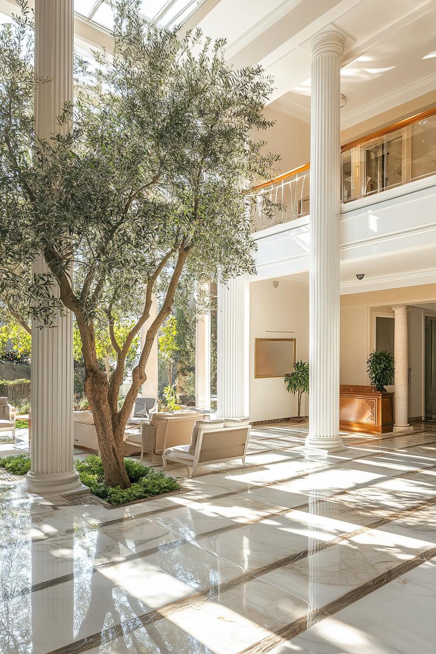 modern mansion house indoor atrium with classic columns marble floors olive tree garden 1