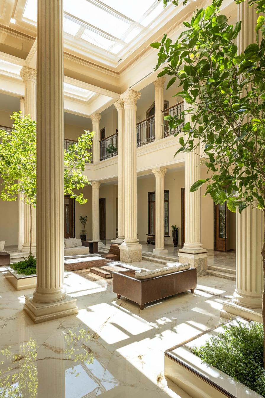 modern mansion house indoor atrium with classic columns marble floors olive tree garden 2