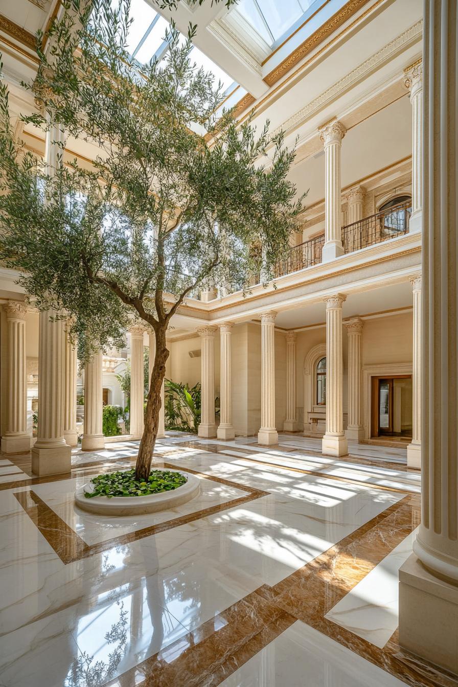 modern mansion house indoor atrium with classic columns marble floors olive tree garden 3