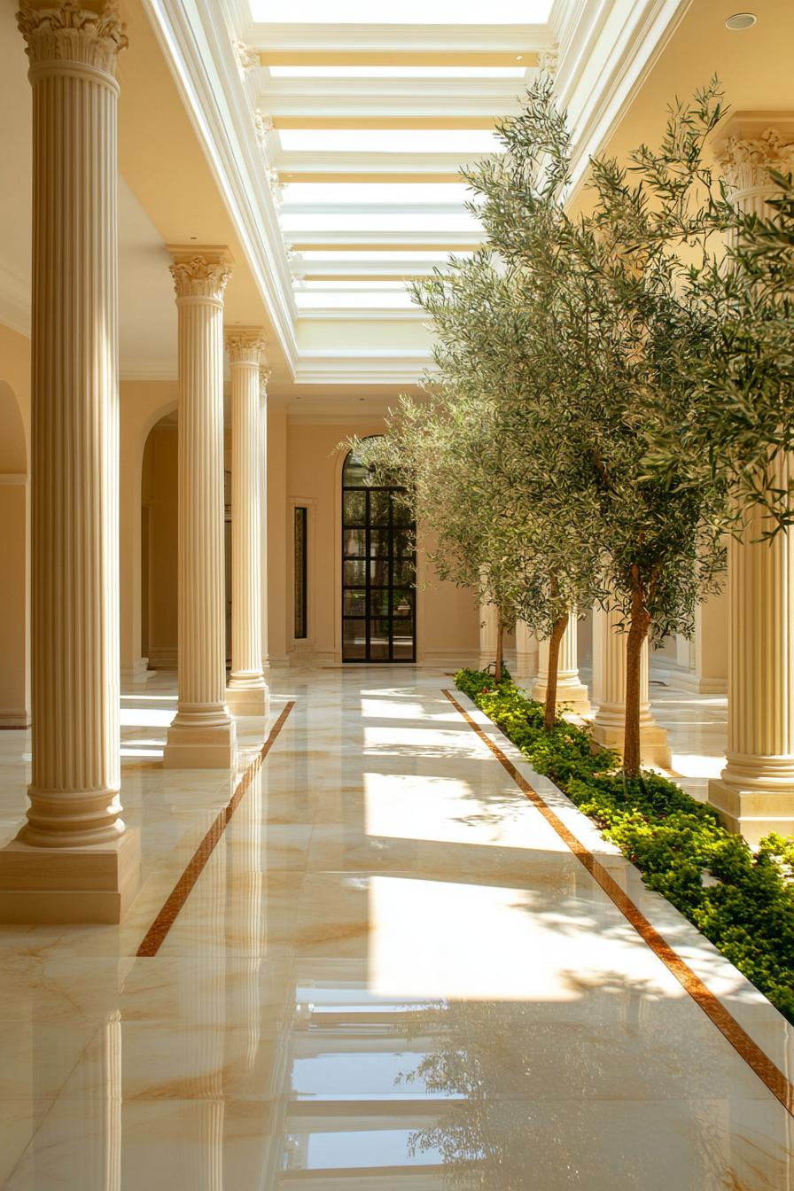 modern mansion house indoor atrium with classic columns marble floors olive tree garden