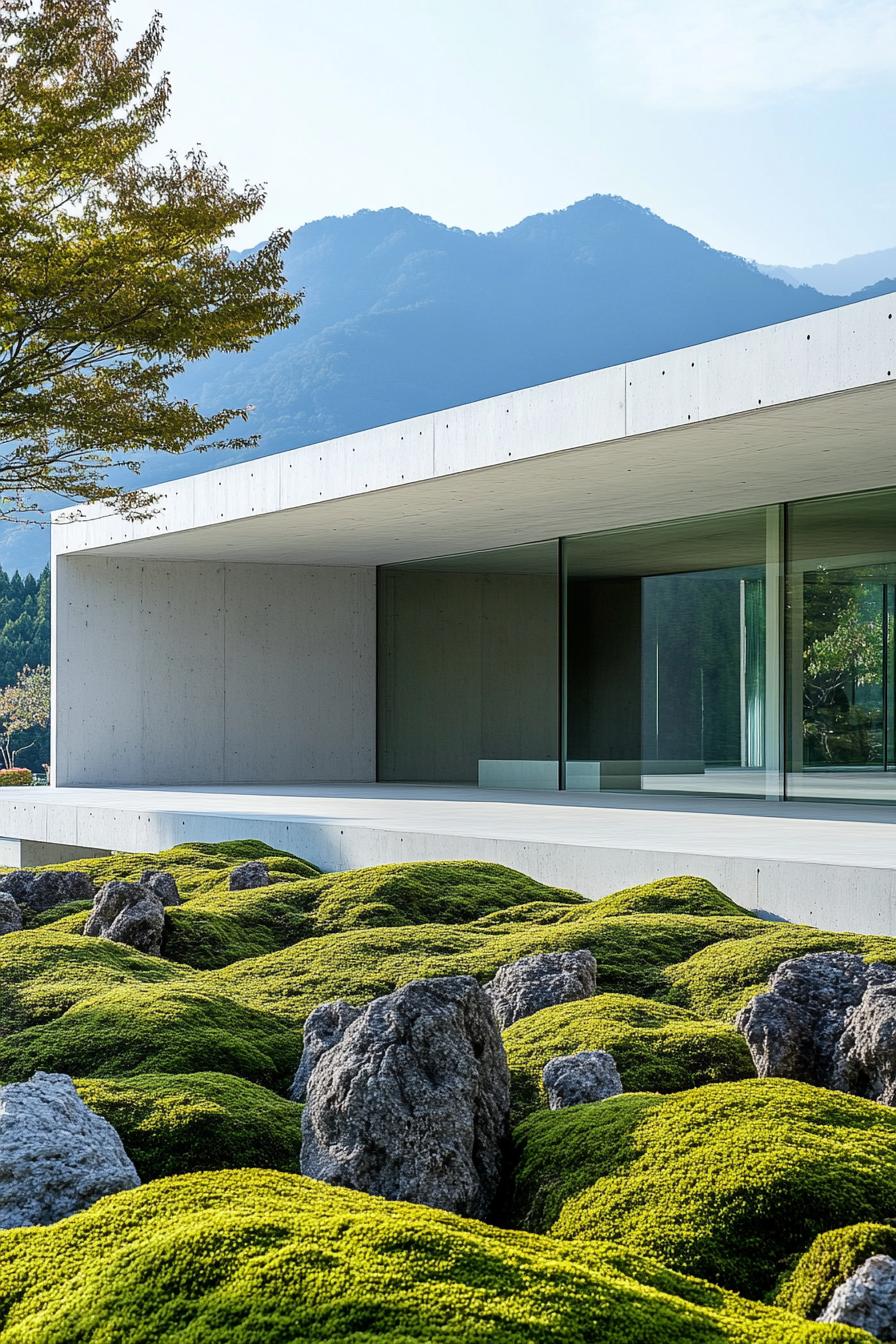 modern minimalist symmetrical white concrete house facade with glass walls front yard with mossy rocks Japanese mountains in the background 1