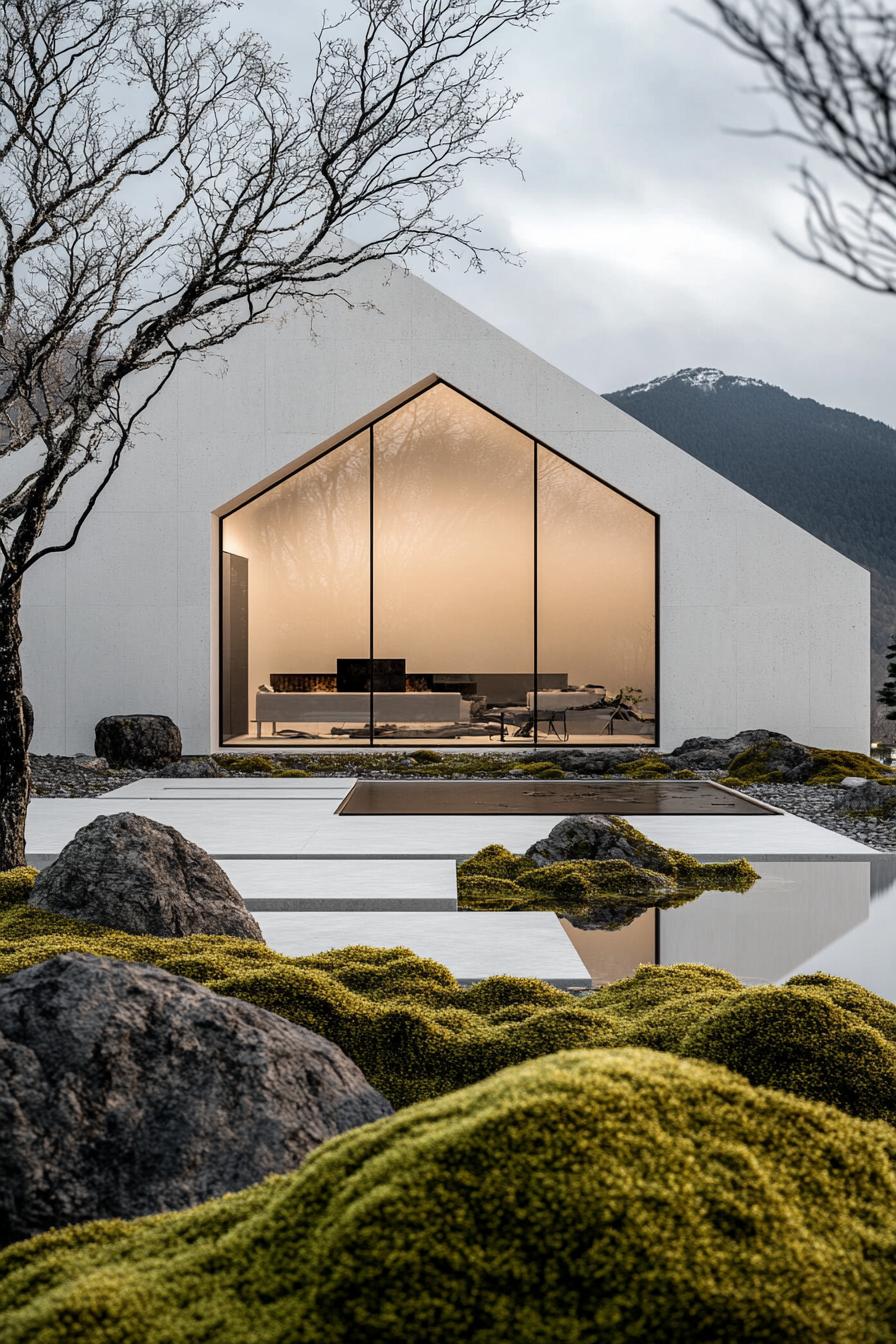 modern minimalist symmetrical white concrete house facade with glass walls front yard with mossy rocks Japanese mountains in the background 2